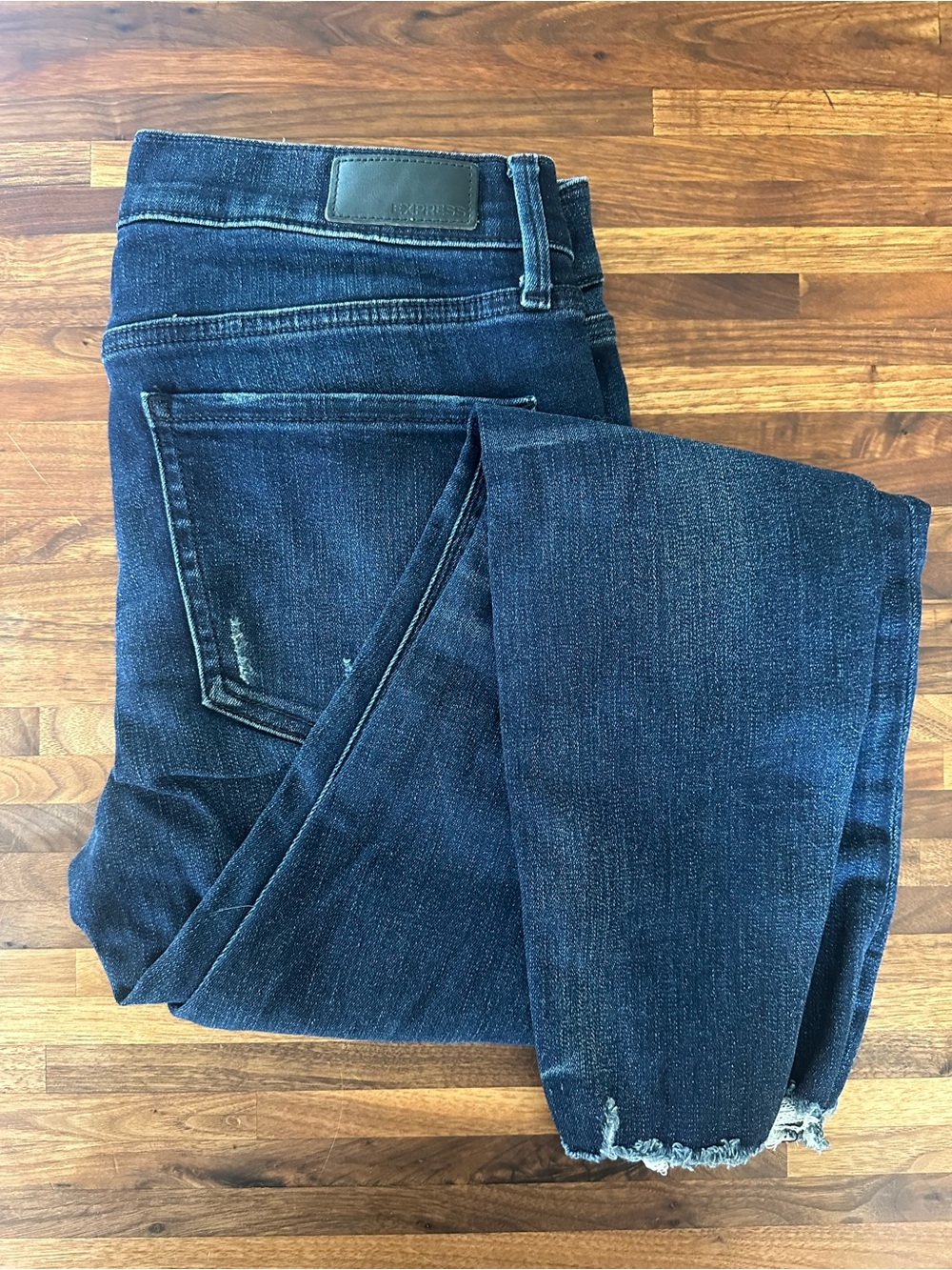 Express Women’s Indigo Skinny Jeans with Frayed Hem